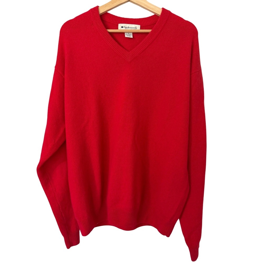 Appleseeds Mens Red 100% Cashmere V-Neck Long Sleeve Sweater‎ XL Vintage